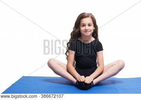Youga Relaxation Class. Lotus Zen Pose. Little Girl Portrait. Smiling Streching. Meditate Butterfly 
