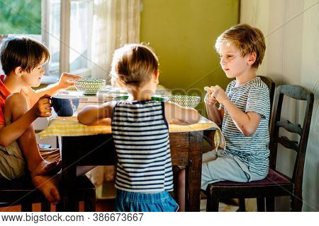 Three Different Age Boy At Kitchen In Bright Sunny Day Preparing For Dinner, Setting Dishes. Special