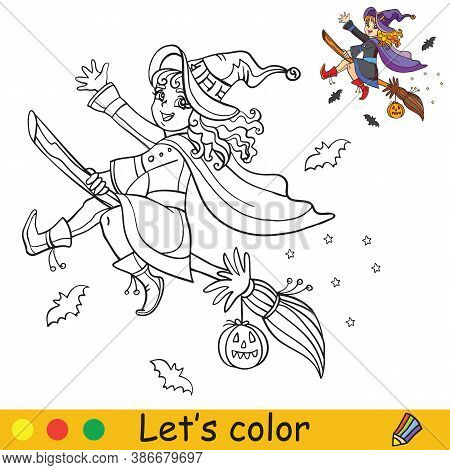 Halloween Coloring With Colored Example Cute Witch