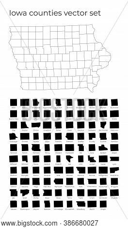 Iowa Map With Shapes Of Regions. Blank Vector Map Of The Us State With Counties. Borders Of The Us S
