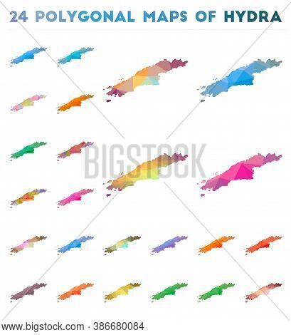 Set Of Vector Polygonal Maps Of Hydra. Bright Gradient Map Of Island In Low Poly Style. Multicolored