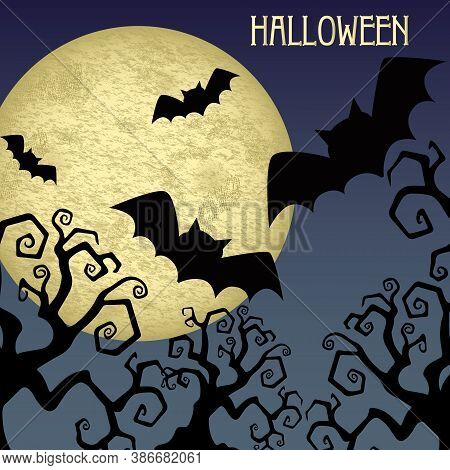 Halloween Background With Moon And Bats. Halloween Vector Background. Tree And Bat.