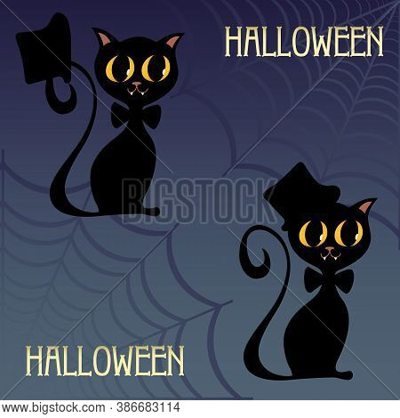 Halloween Sitting Cat. Vector Illustration Isolated On Dark Gradient Background.