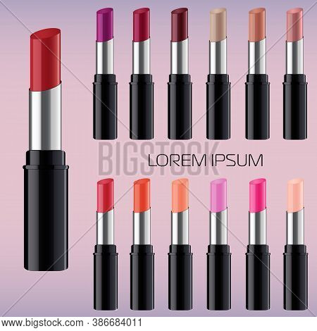 Lipstick Palette. Big Set Of Lipsticks. Cosmetics Product Tester. Vector Illustration Can Be Used Fo