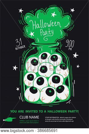 Halloween Invitation Poster With 
Zombie Eyes In A Glass Jar And Ghostly Inscription 