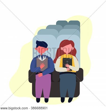 A Young Couple, A Man And A Woman Are Sitting In Airplane Seats, A Man On The Plane Is Reading A Boo