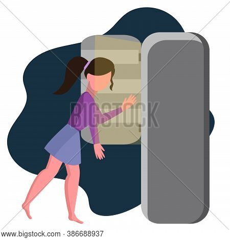 A Young Girl Opens The Refrigerator, The Girl Looks Into The Refrigerator. Cute Vector Illustration