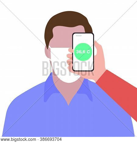 Vector Illustration Phone Placed On Forehead Of Person Remotely Measures Temperature. New Technology