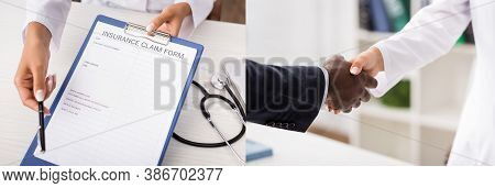 Collage Of Doctor Holding Insurance Claim Form And Shaking Hands With African American Patient, Hori