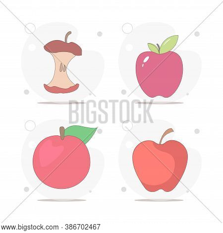 Apple Flat Icon Set With Long Shadow. Red Apple, Apple Core Vector Flat Illustration On White Backgr