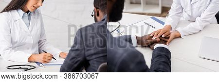 Collage Of Doctor Writing On Clipboard And Touching Hands Of African American Man, Horizontal Image