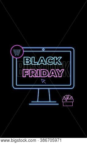 Black Friday Sale. Online Shopping , Internet Ads In Neon Style. E-commerce. Promotional Banners
