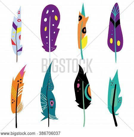 Set Of Colorful Bird Feathers. Native Multicolored Ethnic Quill. Ornate Hippie Boho Sketch. Cartoon 
