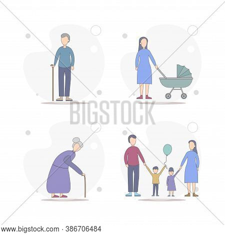 Parents With Children. Family Vector Flat Illustration On White Background. Grandfather, Granny, Old