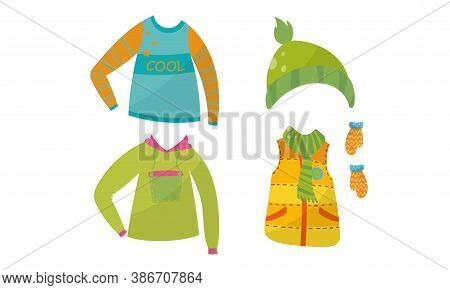 Boy Garment And Clothes With Sleeveless Vest And Hoodie Vector Set