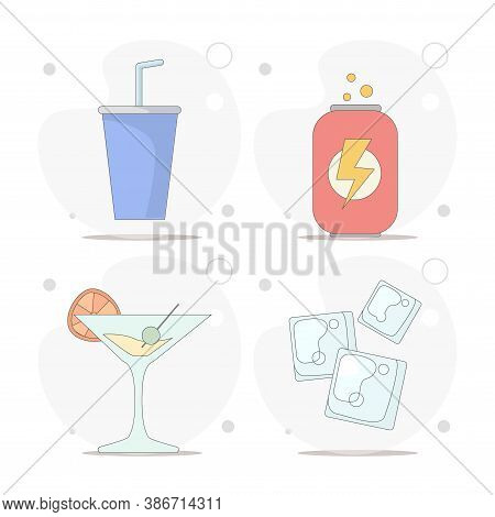 Soda Vector Flat Illustration On White Background. Energy Drink, Cocktail, Ice Cubes