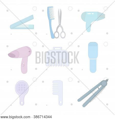 Hair Care Vector Flat Illustration On White Background Set With Hairdryer, Hair Comb, Straightening 