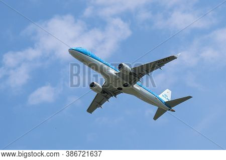 Warsaw, Poland - 29 July 2020: Dutch Airlines Klm Embraer 190 Std Jetliner On The Climbout After Tak