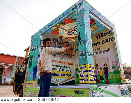 District Katni, India - October 02, 2020: Indian Municipal Corporation Staff With Advertising Van Fo