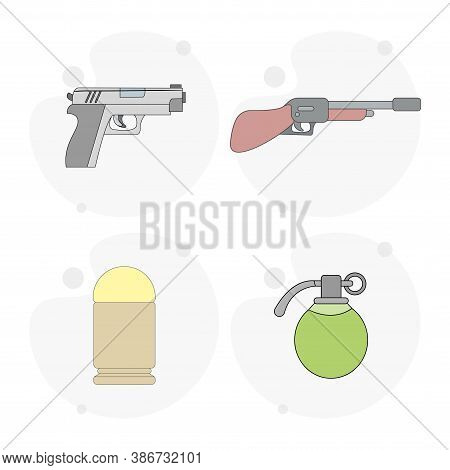 Pistol, Hand Grenade, Bullet, Gun, Weapons Vector Flat Illustration On White Background