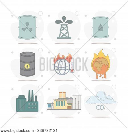 Ecology, Pollution, Oil. Factory, Global Warming, Co2, Poison, Waste, Garbage Can Vector Flat Illust