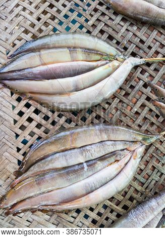 Fresh Spot Finned Spiny Eel Was Skewered In The Bamboo Basket To Dried For Food Preservation, For Sa