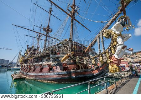 Genoa, Italy. August 23, 2020: The Neptune Is A Ship Replica Of A 17th-century Spanish Galleon Desig