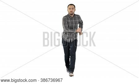 Young Crazy Man Dancing And Wanking Forward On White Background.