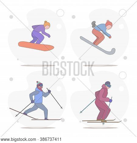 Skier, Snowboarder, Winter Sport Vector Flat Illustration On White Background