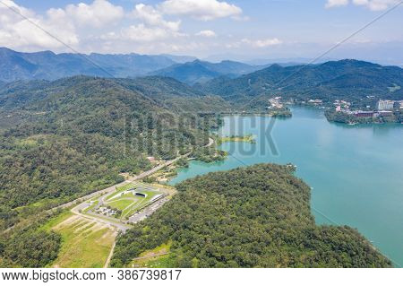 aerial landscape with famous Xiangshan Visitor Center at Sun Moon Lake, Nantou, Taiwan