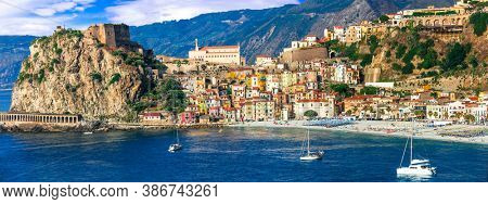 beautiful places and towns of Calabria - medieval Scilla with old castle. Italian summmer holidays