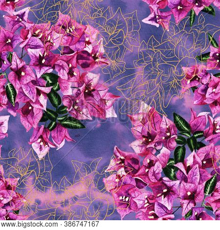 Seamless Pattern With Flowers Of Bougainvillea. Hand Drawn Watercolor Illustration. Good Design For 