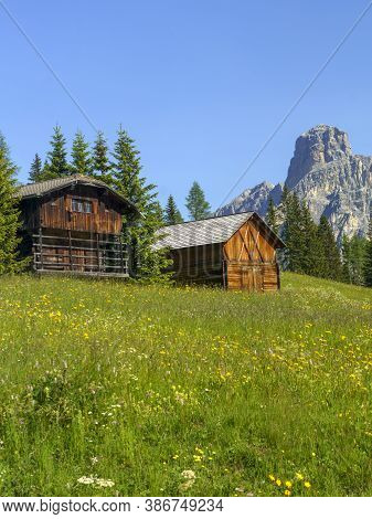 Mountain Landscape At Summer Along The Road To Campolongo Pass, Dolomites, Bolzano Province, Trentin