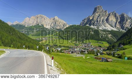 Mountain Landscape At Summer Along The Road To Campolongo Pass, Dolomites, Bolzano Province, Trentin