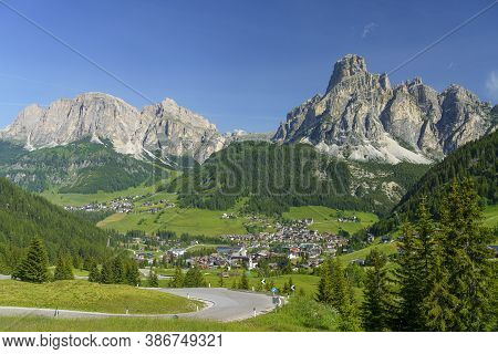 Mountain Landscape At Summer Along The Road To Campolongo Pass, Dolomites, Bolzano Province, Trentin