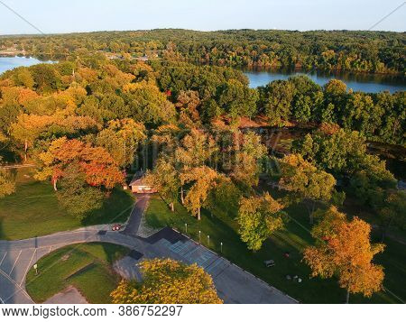 Arial view of Kensington metro park in Michigan at Detroit suburbs , during early autumn time under evening sunlight.