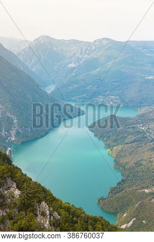 Tara National Park, Serbia. Viewpoint Banjska Stena. View At Drina River Canyon And Lake Perucac