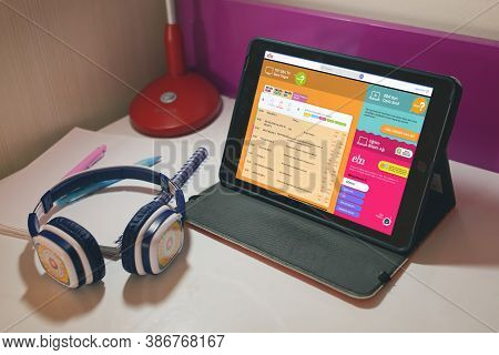 Antalya, Turkey - September 23, 2020: Girl Ready For Online Education On Trt Eba Tv. Tablet Showing 