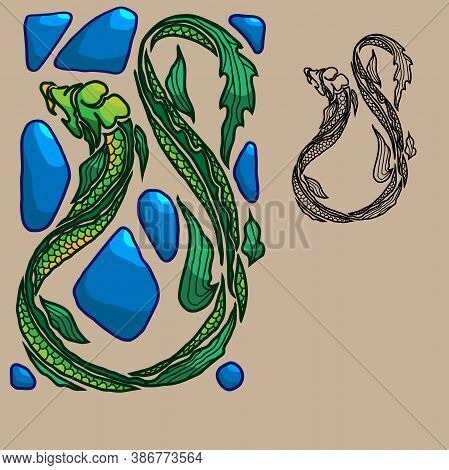 Schematic Green Dragon Winding Between The Blue Stones