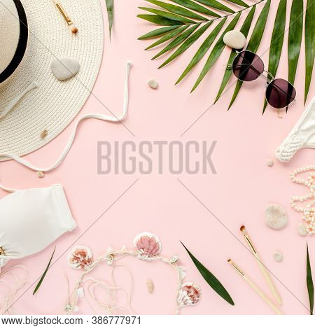 Traveler Accessories, Women Summer Bikini Set Swimsuit, Tropical Palm Leaf Branches On Pink Backgrou