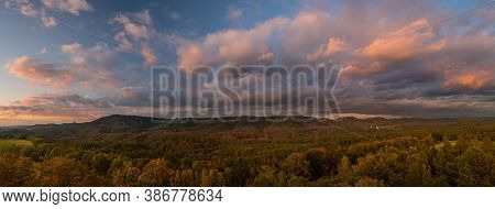Autumn Landscape At Sunset - Mountains, Forest And Clouds Illuminated By The Setting Sun, Hills Of B