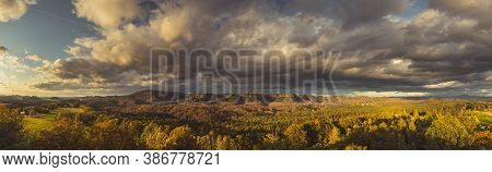 Autumn Landscape At Sunset - Mountains, Forest And Clouds Illuminated By The Setting Sun, Hills Of B