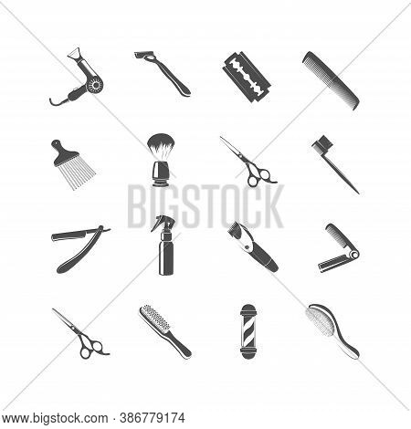 Vector Icons For Barbershop. Combs, Hairdressing Scissors, Shaving Brush, Mustache Brush, Beard Comb