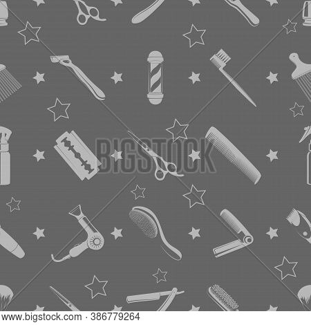 Vector Seamless Pattern Concept Of Barbershop Or Mens Hairdressing Salon. Pattern For Textiles, Pape