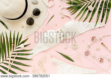 Traveler Accessories, Women Summer Bikini Set Swimsuit, Tropical Palm Leaf Branches On Pink Backgrou