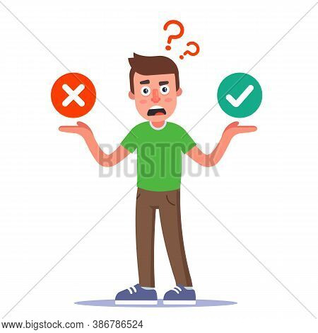 An Uncertain Character Makes A Decision. The Choice Between A Positive And A Negative Answer. Flat V