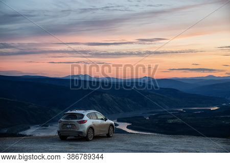 Dawson City, Yukon, Canada - August 27, 2020: Mazda Cx-5 On Top Of A Mountain Overlooking A Beautifu