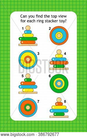 Abstract Educational Visual Puzzle With Top View Of Ring Stacker Toys. Spacial Reasoning Skills Trai