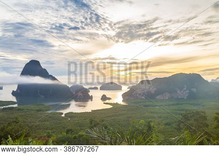 Samet Nangshe Viewpoint At Sunrise In Phang Nga, Thailand.