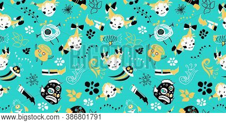 Halloween Holiday Seamless Pattern With Heads Voodoo Doll, Cute Monsters, Line Plant. Kids Hand Draw